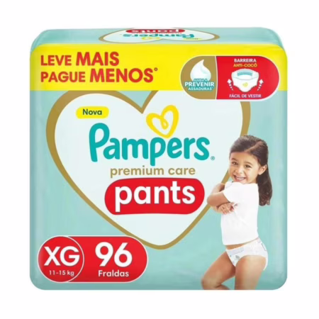 Fralda Pampers Premium Care Pants Tamanho XG, Fácil de Vestir, 96 Unidades