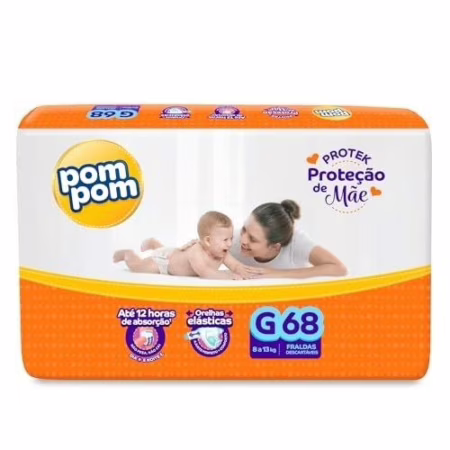 🛍️Fralda Pom Pom Protek Proteção de Mãe Hiper G 68 Unidades
