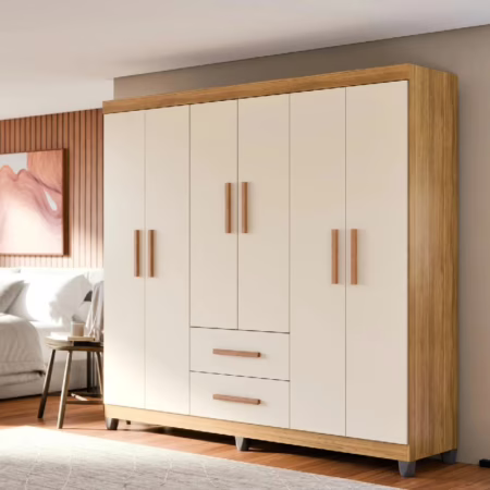 Guarda-roupa Casal Lite 6 Portas E 2 Gavetas Para Quarto Multiuso Cor Nature Off White