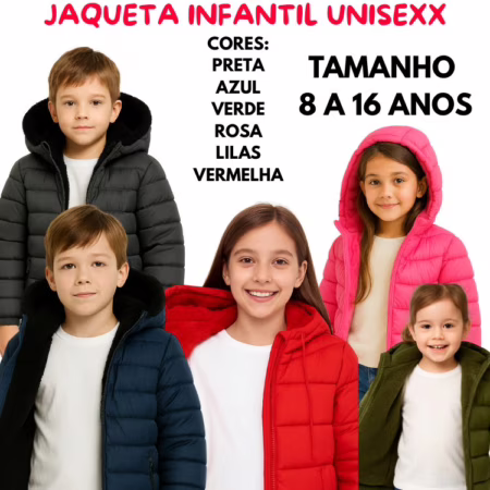 Jaqueta Infantil Juvenil Puffer Forrada Pelúcia Com Capuz 4 a 18 Anos Unisex Cores Variadas