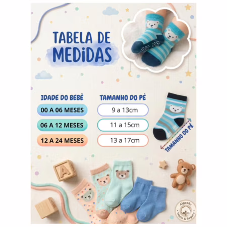 Kit 12 Pares de Meias Bebê Antiderrapantes Algodão Confortáveis 0–24 Meses Infantil • A