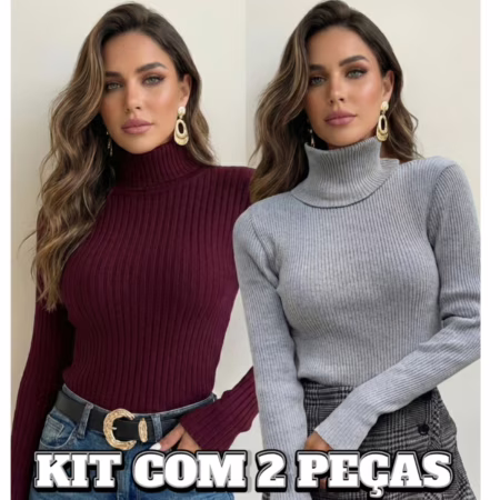 🛍️ Kit 2 Blusas Feminina Cacharrel Tricô Básica Suéter Gola Alta Manga Longa Tricot