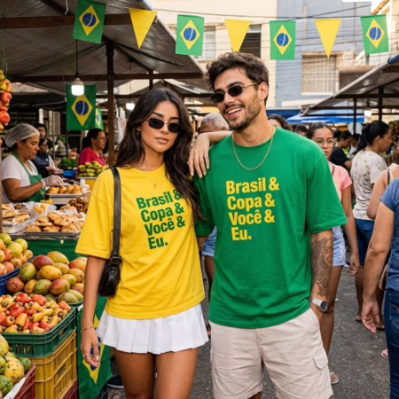 💛 Kit 2 Camiseta Casal Brasil Copa Você E Eu Dia Dos Namorados Amarelo/verde