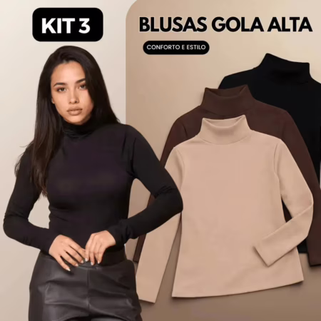 🛍 Kit 3 Blusas Feminina Cacharrel Gola Alta Manga Longa Casual Preto, Marrom E Nude M/g (36/42)