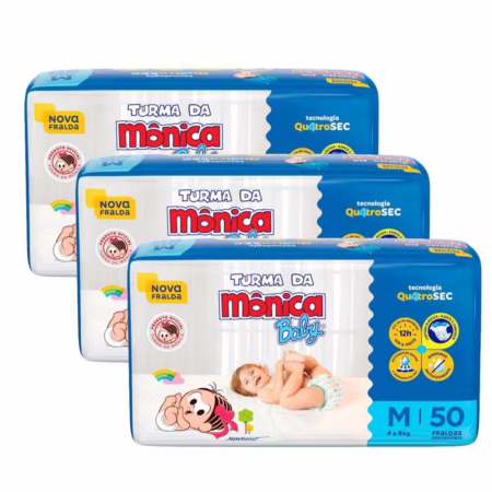 🛍️Kit 3 Fralda Infantil Turma da Mônica Baby Mega Tamanho M 50 Fraldas Descartáveis