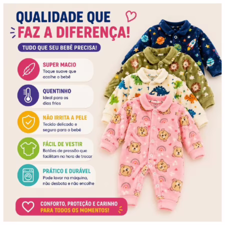 Kit 3 Macacão Soft De Bebê Com Botões Menino/Menina