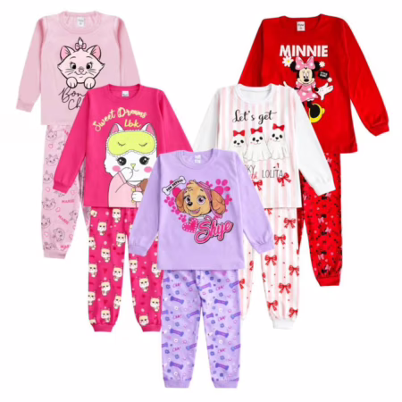 KIT 4 peças Pijama Infantil Menina manga longa 2 calças e 2 blusas Algodão