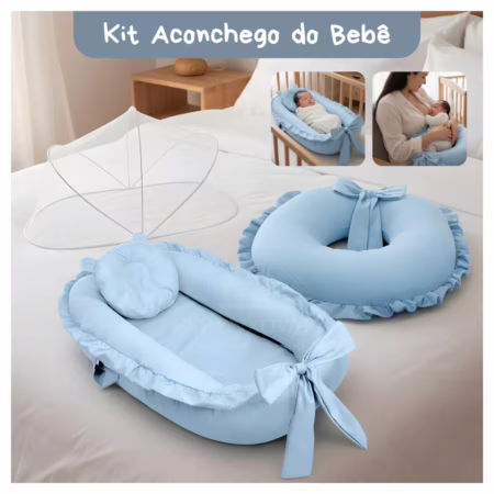 Kit ninho redutor, almofada amamentação e mosquiteiro azul claro - EVF Enxovais