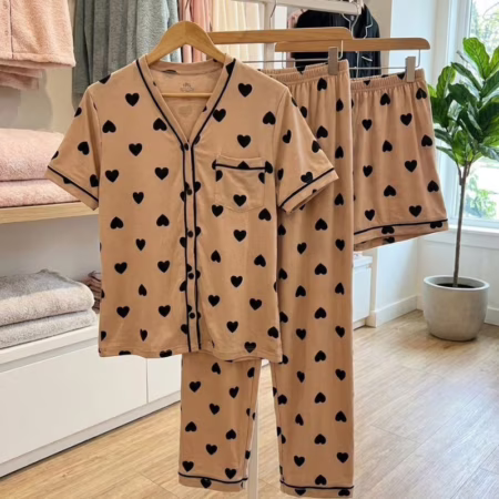 💛 Kit Pijama Americano 3 Peças Camisa Botões + Calça + Short