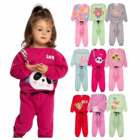 Kit Sortido 4 Peças Moletom Roupa De Bebê Menina Infantil Inverno - 2 Casacos + 2 Calças - Tamanhos 6 Meses a 24 Meses • A