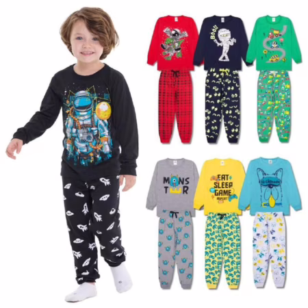 Kit Sortido 4 Peças Pijama Infantil Menino Manga Comprida Tamanho 1 ao 10