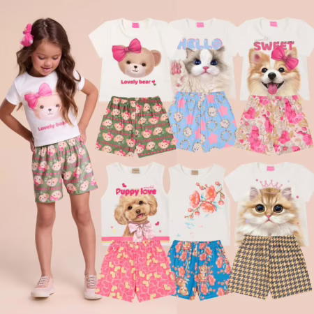 Kit Sortido 6 Peças Infantil Menina Verão 3 Blusas+3 Shorts