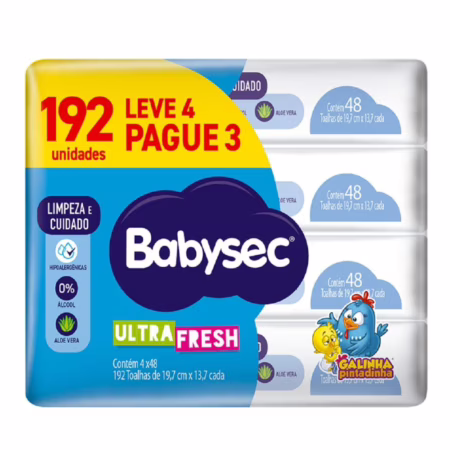 Lenço Umedecido BabySec Galinha Pintadinha Ultra Fresh - 4 pacotes com 48 unidades