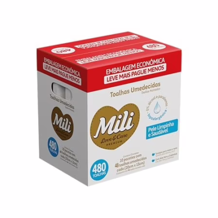 🛍️Mili Toalhas Umedecidas Love & Care Premium, Uso Bebê, Aloe Vera e Calêndula, Pack com 10 Pacotes (48 Unidades cada)