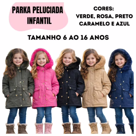 PARKA INFANTIL CASACO DE FRIO MENINA JUVENIL BLUSA PRO FIO KIDS JAQUETA PELUCIADA CAPUZ REMOVIVEL PUFFER PRETO ROSA PINK