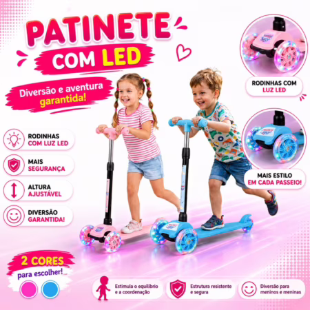 Patinete Infantil com 3 Rodas Com Led - Rosa ou Azul
