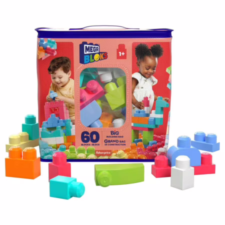 Sacola Vermelha com 60 Blocos de Montar Grandes e Coloridos, Conjunto de Brinquedo para Idades a par