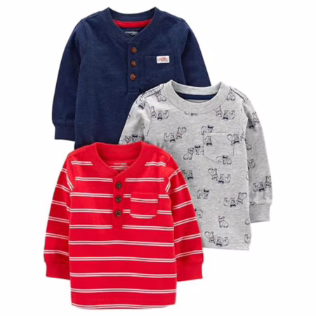 Simple Joys by Carter's Pacote com 3 camisetas de manga comprida para meninos, Cachorros cinza/azul marinho/listra dupla vermelha, 6-9 Meses