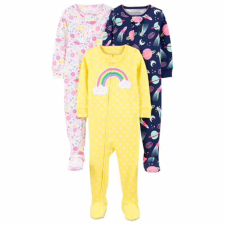 Simple Joys by Carter's Pacote com 3 pijamas de algodão com pés de ajuste confortável para meninas, Espaço marinho/dinossauro branco/bolinhas amarelas, 12 Meses