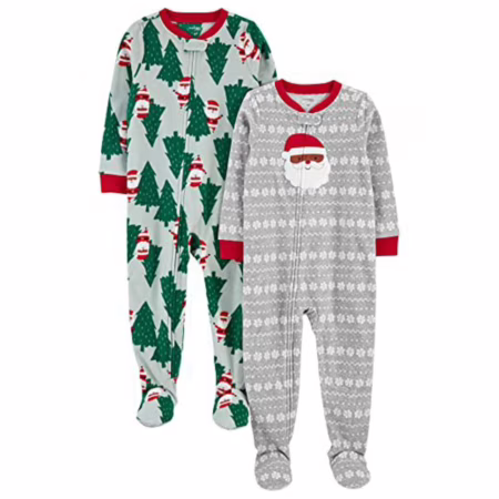 Simple Joys by Carter's Pijama infantil com pés de lã resistente a chamas e ajuste solto, Estampa de Natal cinza claro/verde menta, 4 Anos