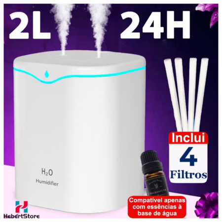 Umidificador de Ar e Aromatizador Grande 2 Litros 24 Horas com 2 Saídas de Ar e Led 3 em 1 Multifuncional para Quarto