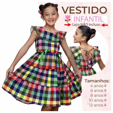 Vestido Infantil Menina Manga Curta Floral Junino Xadrez Confortável Moda Infantil Lançamento Exclusivo 4 a 12 Anos