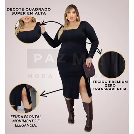 Vestido Midi PAZME Plus Size Manga Longa Gola Quadrada-Tam: G ao G3
