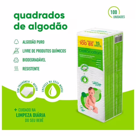 Algodão Quadrado Baby, Bellacotton 100 Unidades
