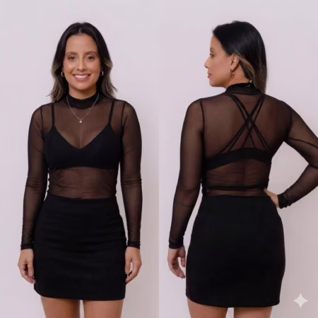 Blusa Tule Transparente Feminina Segunda Pele Manga Longa 💖