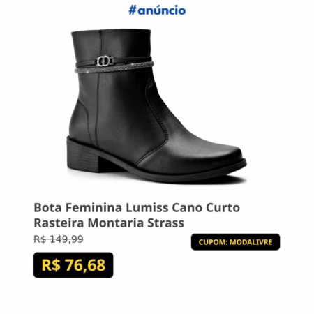 Bota Feminina Lumiss Cano Curto Rasteira Montaria Strass
