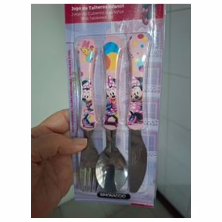 Conjunto de Talheres Minnie Rosa 3 Peças Garfo Faca Colher Inox Disney Infantil Simonaggio