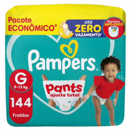Fralda Descartável Pampers Pants Ajuste Total - Tamanho G, 144 Unidades - Fácil de vestir, Barreira Anti-Cocô Proteção de até Zero Vazamentos, Cobertura Suave com Loção Hipoalergênica para seu Bebê