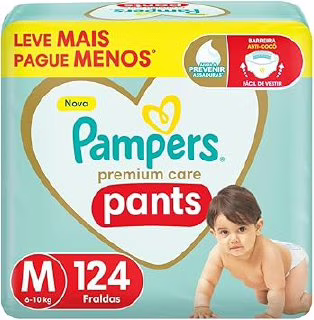 Fralda Pampers Premium Care Pants Tamanho M, Fácil de Vestir, 124 Unidades • A