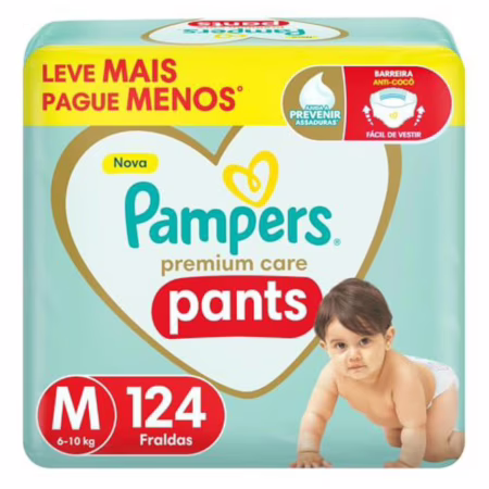 Fralda Pampers Premium Care Pants Tamanho M, Fácil de Vestir, 124 Unidades • D