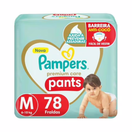 Fralda Pampers Premium Care Pants Tamanho M, Fácil de Vestir, 78 Unidades