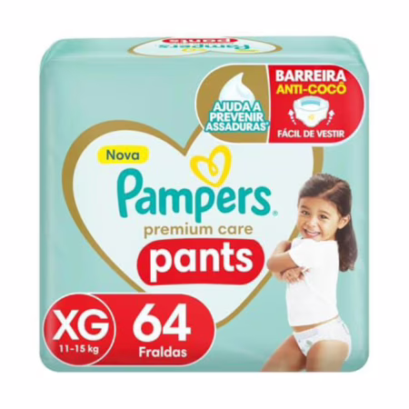 Fralda Pampers Premium Care Pants Tamanho XG, Fácil de Vestir, 64 Unidades