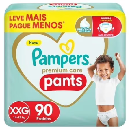 Fralda Pampers Premium Care Pants Tamanho XXG, Fácil de Vestir, 90 Unidades