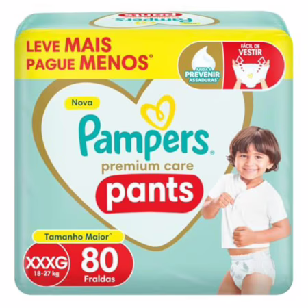 Fralda Pampers Premium Care Pants Tamanho XXXG, Fácil de Vestir, 80 Unidades