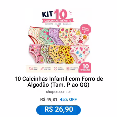 [Frete grátis] 10 Calcinhas Infantil com Forro de Algodão (Tam. P ao GG)