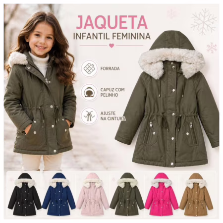 Jaqueta Infantil Parka Sarja Feminino Casaco Juvenil Forro Peluciado Capuz Impermeável