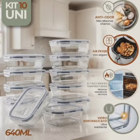 Kit 10 Pote De Vidro Marmita Hermético 640ml Freezer Fitness Rishon