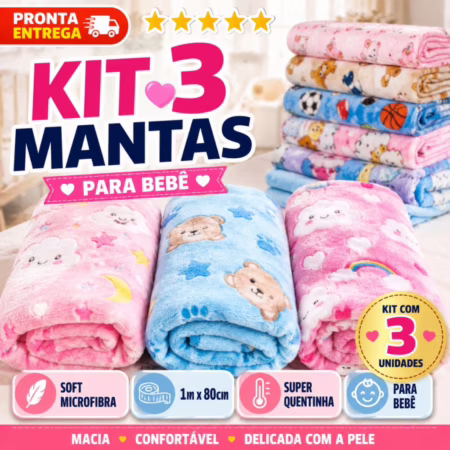 Kit 3 Unidades Manta Soft Microfibra Para Bebê Infantil Inverno Estampada 100cm x 80cm