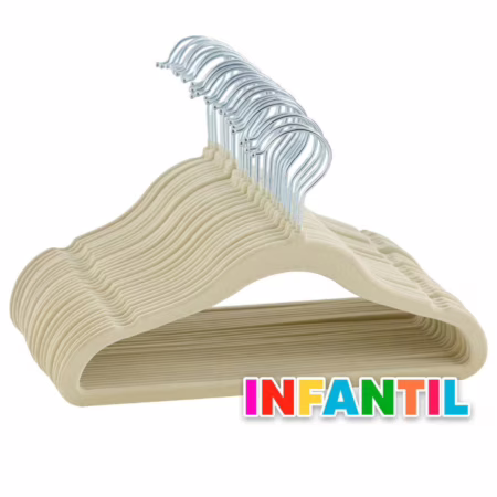 Kit 50 Cabides Veludo Infantil Slim Antiderrapante Bege