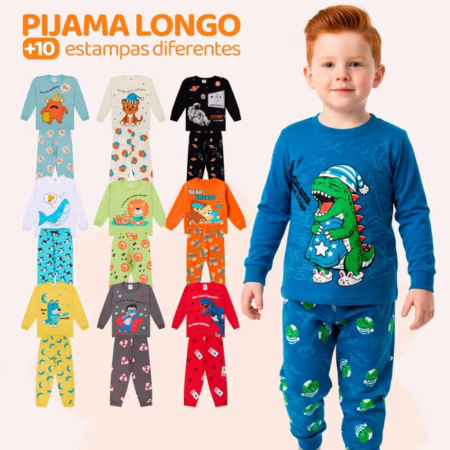 Kit com 10 Peças (5 Conjuntos) de Pijamas Infantil Manga Comprida, Menino - Tam 3 (Veste 2 anos)