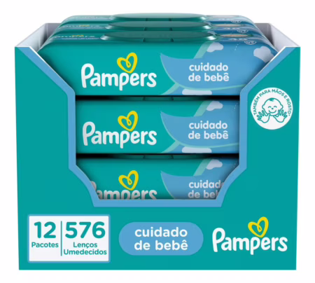 Kit Lenço Umedecido para Limpeza Pampers - Cuidado de Bebê ou Aloe Vera - 12 Pacotes