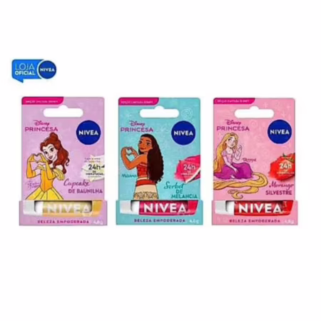 KIT NIVEA Hidratante Labial Disney Princesas Edição Limitada 3 Unidades 4,8g cada