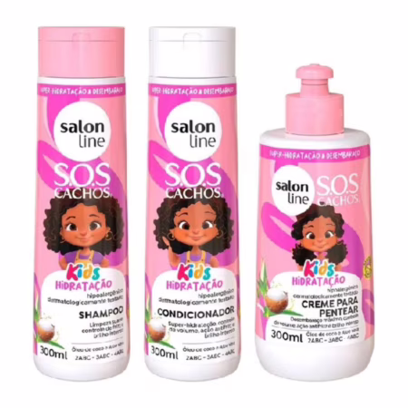 Kit Shampoo + Condicionador + Creme para Pentear 300ml SOS Cachos Kids Hidratação Salon Line