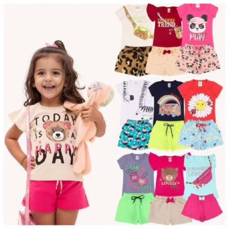 Kit Sortido 6 Peças de Roupas Infantil Menina 3 Camisetas + 3 Bermudas - Kit 3 Conjuntos Infantil Menina Verão Bebê