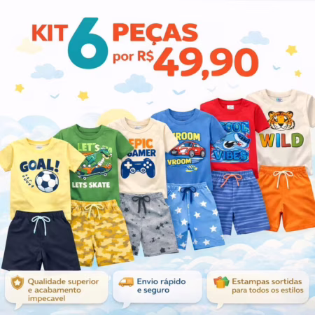 Kit Sortido 6 Peças de Roupas Infantil Menino (Tam. 6 m a 6 anos) • A
