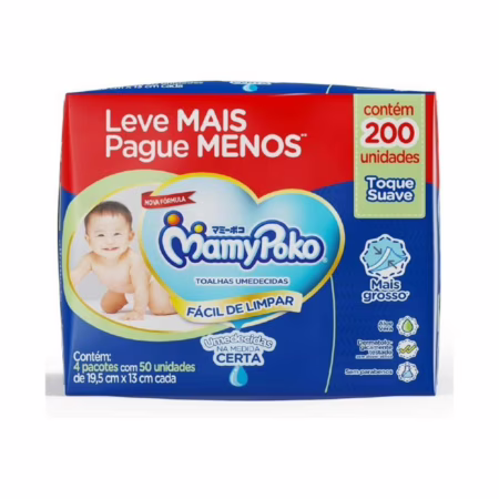 Lenço Mamypoko Toque Suave 200 unidades (4 Pacotes com 50 un. cada)